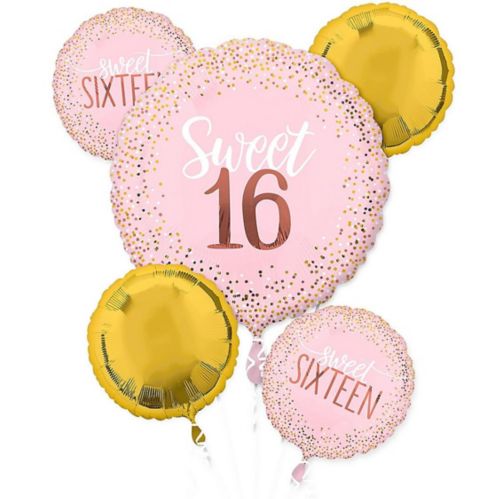 Sweet 16 Birthday Foil Balloon Bouquet, Helium Inflation Included, Metallic Gold/Pink, 5-pc Product image