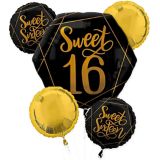 Sweet 16 Birthday Foil Balloon Bouquet, Helium Inflation Included, Black/Gold, 5-pc