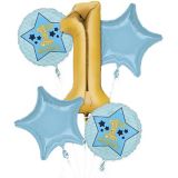 1st Birthday Foil Balloon Bouquet, Helium Inflation Included, Metallic Gold/Blue, 5-pc