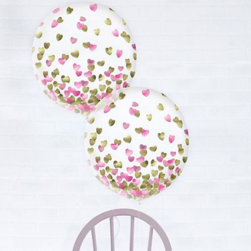 Ballons à motifs de confettis en forme de coeur, rose et or métallique, 24 po, paq. 2 Image de l’article