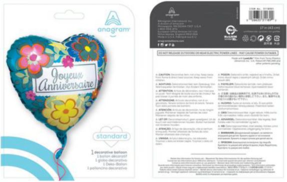 Ballon en aluminium Joyeux Anniversaire avec cœur floral, gonflage à l’hélium compris, 18 po Image de l’article