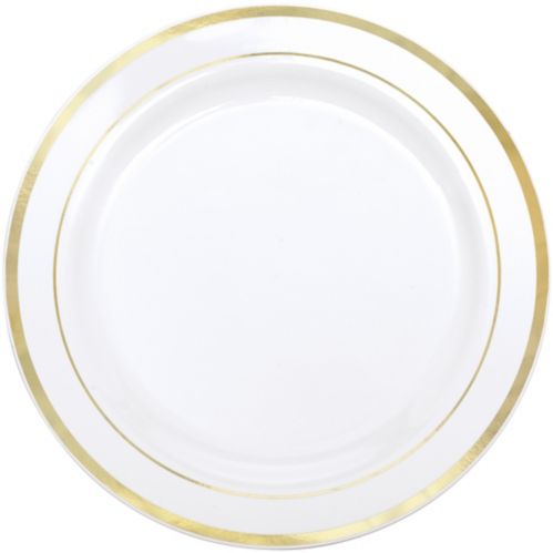 Assiettes en plastique de luxe, paq. 20, 10,25 po, blanc/doré Image de l’article