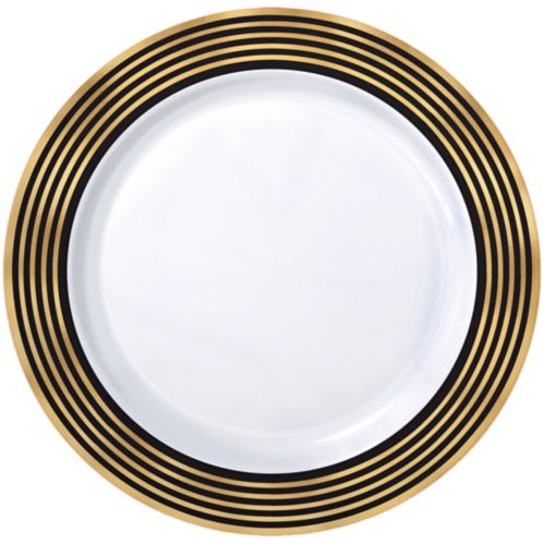 Assiettes rayées en plastique de luxe, paq. 20, 10,25 po, noir/doré Image de l’article