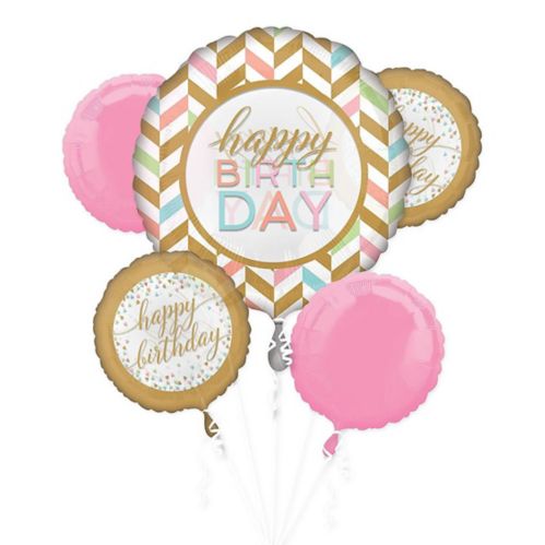 Happy Birthday Foil Balloon Bouquet, Helium Inflation Included, Pastel Pink/Gold, 5-pc Product image