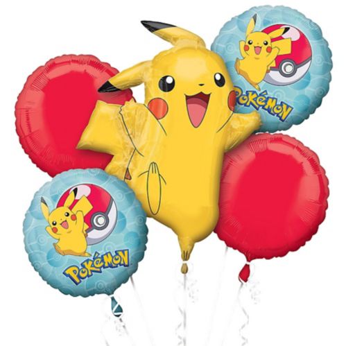 PokÃ© Ball & Pikachu Foil Balloon Bouquet for Birthday Party, Helium Inflation Included, 5-pc Product image
