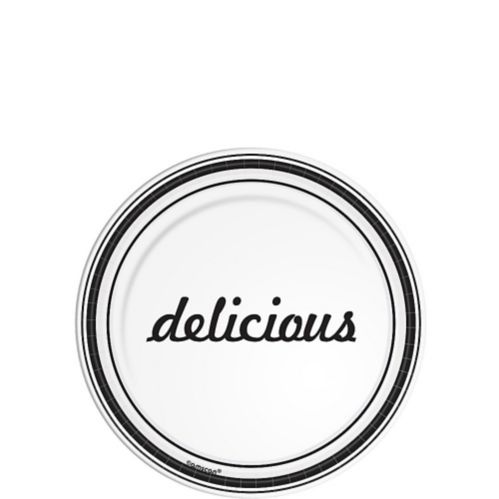 Dessert Paper Plates with "delicious" headline, White/Black, 8-pk Product image