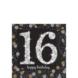 Milestone 16th Birthday Party Beverage Napkins, Black/Silver/Gold, 16-pk