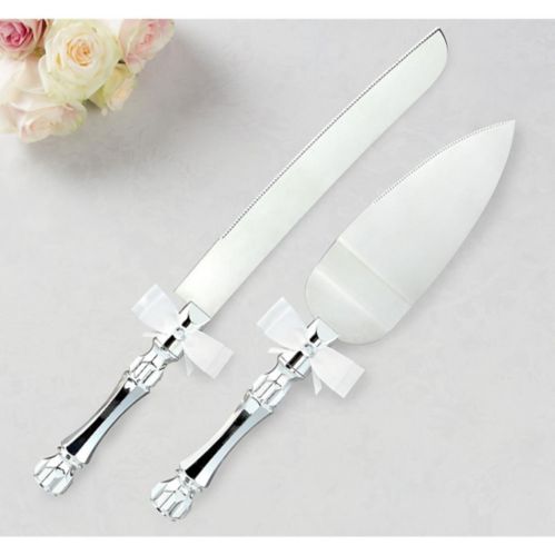 Silver Wedding Cake Knife & Server Set with White Bow, 2-pc Product image