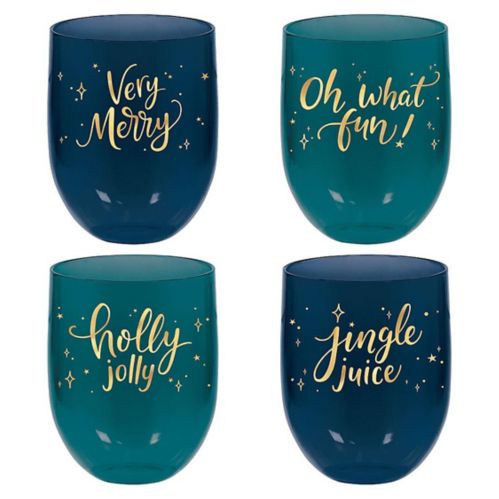 Metallic Gold  Teal Very Merry Stemless Wine Glasses, 4-pk Product image