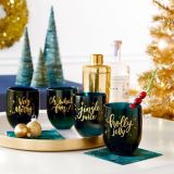 Metallic Gold  Teal Very Merry Stemless Wine Glasses, 4-pk