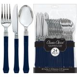 Classic Silver  True Navy Blue Premium Plastic Cutlery Set, 24-pc | Amscannull
