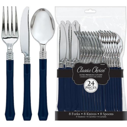 Classic Silver  True Navy Blue Premium Plastic Cutlery Set, 24-pc Product image