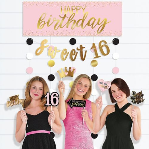 Glitter Gold and Pink Sweet 16 Photo Booth Kit, 14-pc Product image