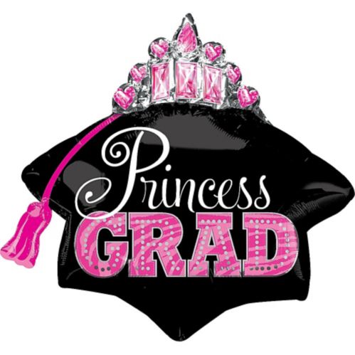 Princess Grad Tiara Graduation Foil Balloon, Helium Inflation Included, Black/Pink, 26-in Product image