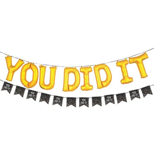 Air-Filled "You Did It" Letter Foil Graduation Balloons with Pennant Banner, Gold, 13-in Product image