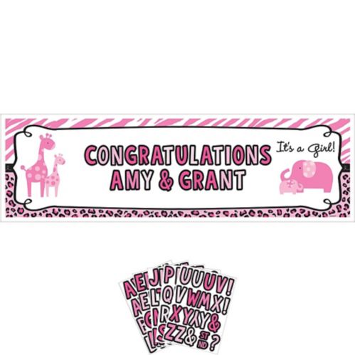 Giant Personalized Safari Girl Baby Shower Banner Decoration Kit, Pink Product image