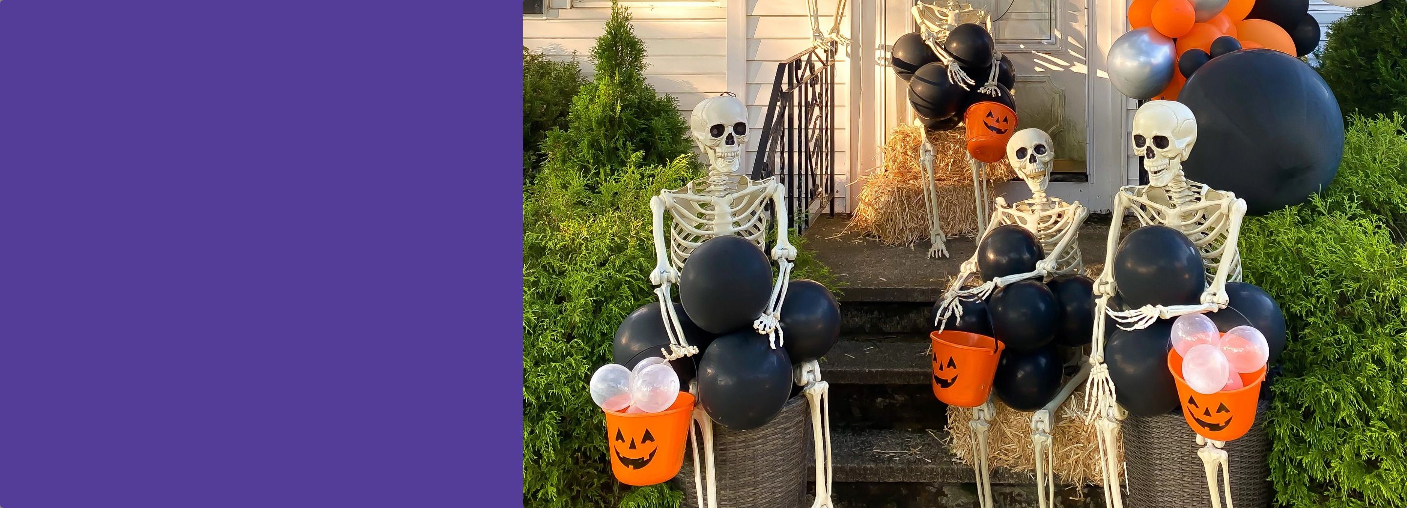 Three large skeleton decorations arranged outdoors with black balloons and Orange Jack-o&#39;-Lantern Treat Buckets.