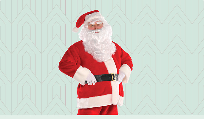 A man wearing an adult plush red Santa suit and beard. 