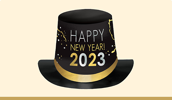 A black, silver and gold Amscan 2023 top hat featuring a “Happy New Year 2023” print.