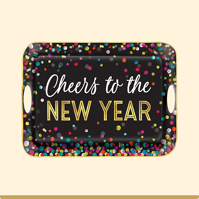 A black, gold and multicoloured confetti themed Amscan Cheers melamine handle tray.