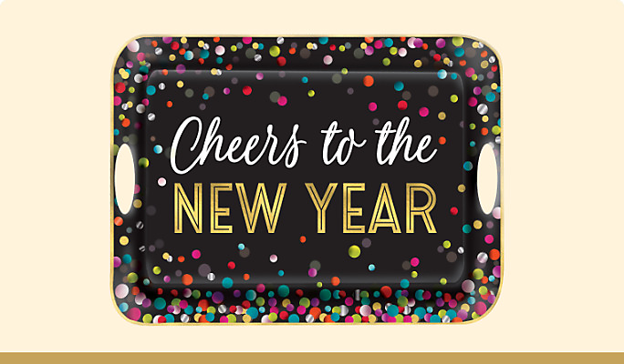 A black, gold and multicoloured confetti themed Amscan Cheers melamine handle tray.