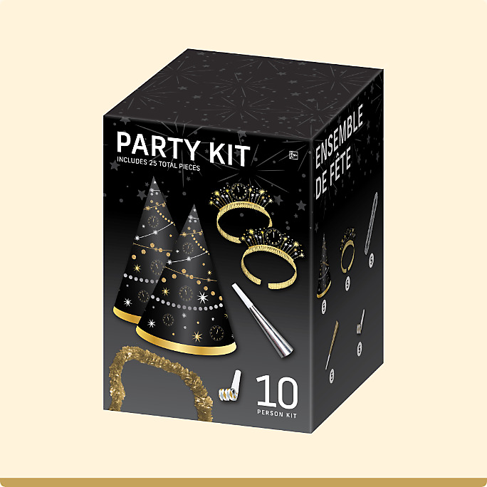 A black, gold and silver boxed New Year&#39;s Party Kit for 10. 