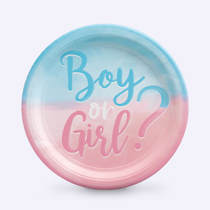 A pink and blue The Big Reveal round plate with a “boy or girl” print.
