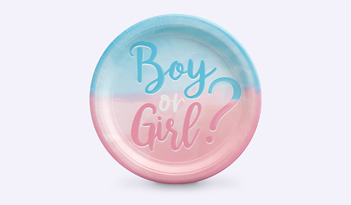 A pink and blue The Big Reveal round plate with a “boy or girl” print.