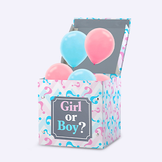 Pink and blue balloons floating from the top of an open “Girl or Boy?” and a question-mark themed box.