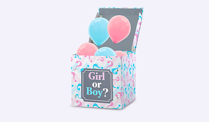 Pink and blue balloons floating from the top of an open “Girl or Boy?” and a question-mark themed box.
