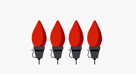 Four red C9-style Christmas light bulbs with black bases.