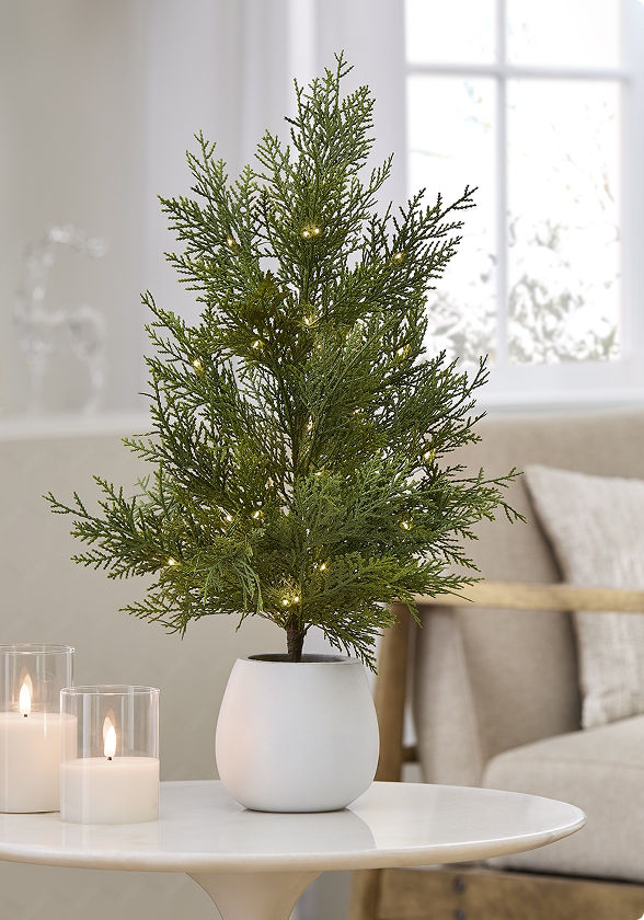 Pre-lit tabletop cedar tree displayed in a white ceramic pot on a side table, illuminated with warm white lights and styled alongside candles in a bright, neutral living space.